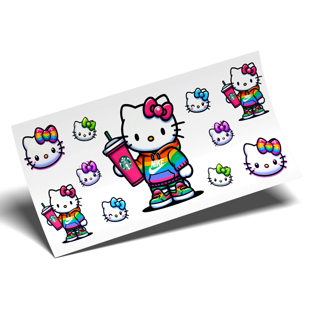 Cup Wrap Sticker  - UV DTF Kitty Multicolors Sports with coffee