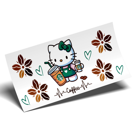 Cup Wrap Sticker UV DTF -  Green Coffee shop with kitty