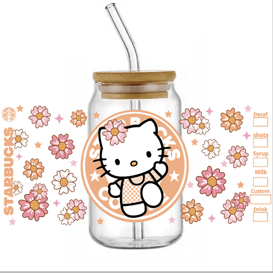 UV DTF - Libbey PEACH Hello Cat Glass Can Wrap 12 oz